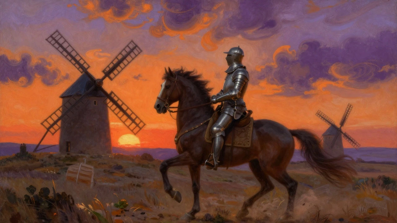 Don Quixote tilting at windmills in a dramatic sunset landscape