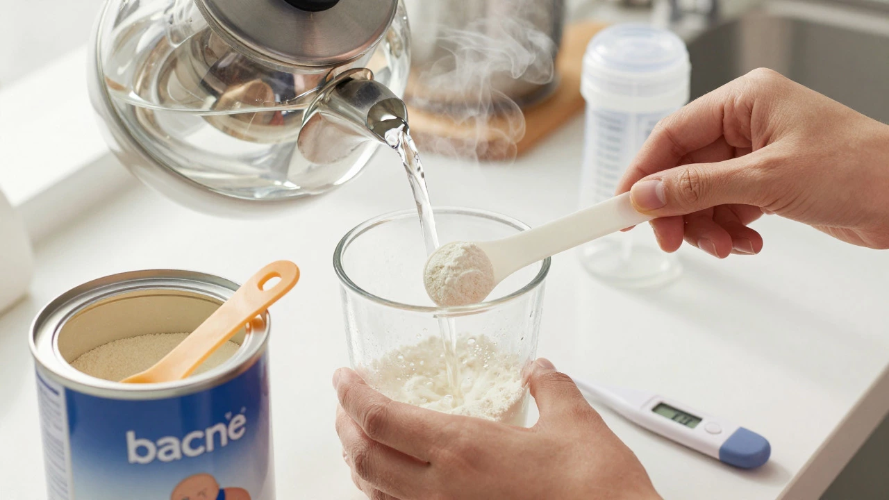 Hands carefully measuring and mixing powdered baby formula with cooled boiled water