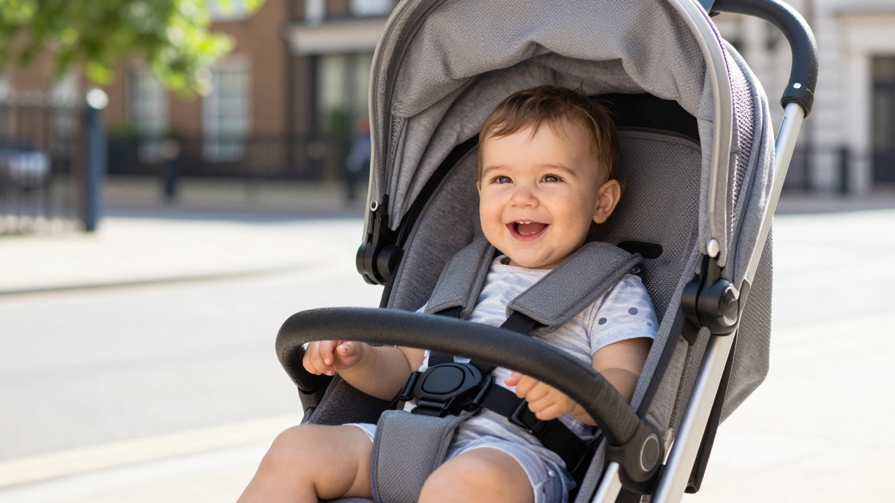 Happy toddler sitting securely in stroller seat