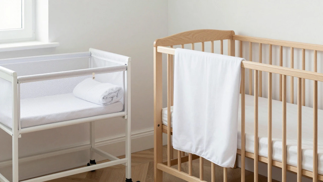 Nursery with folded bassinet and prepared crib for sleep transition