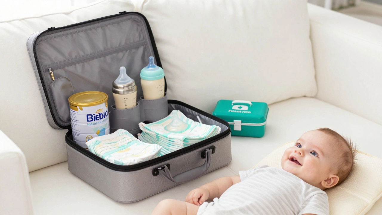 Open emergency baby kit with formula and supplies