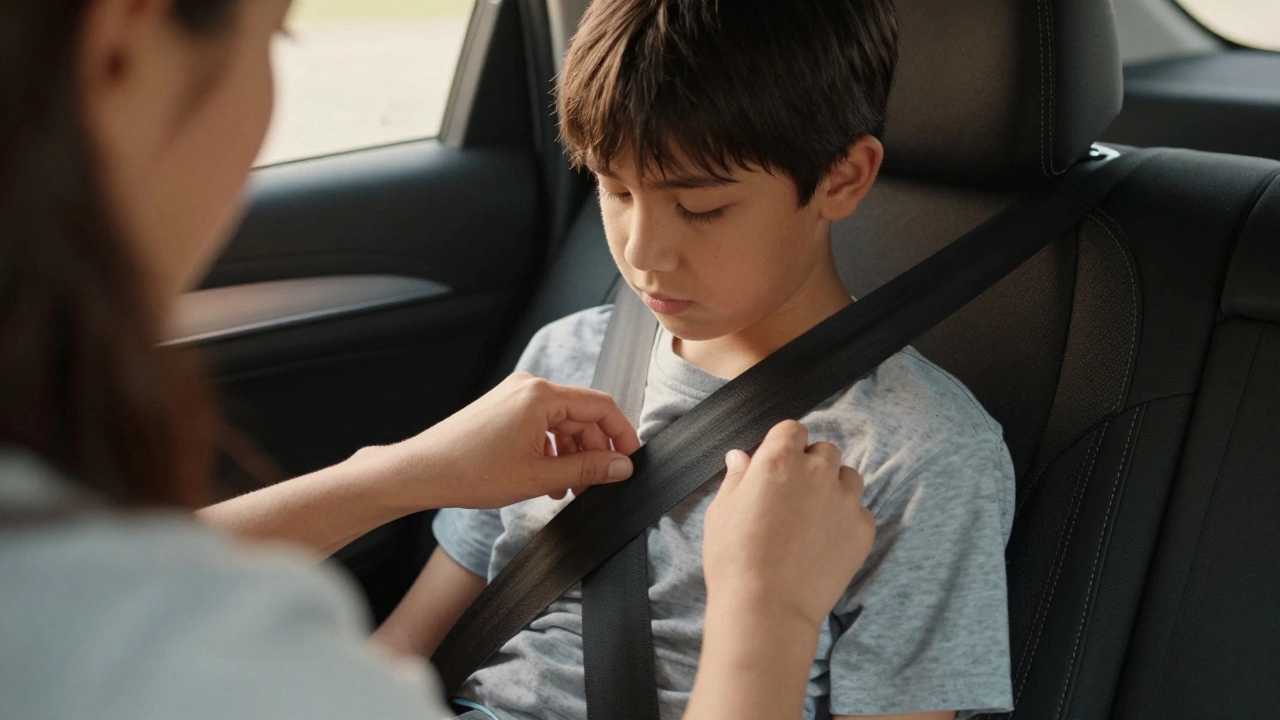 Parent adjusting seat belt on older child in back seat