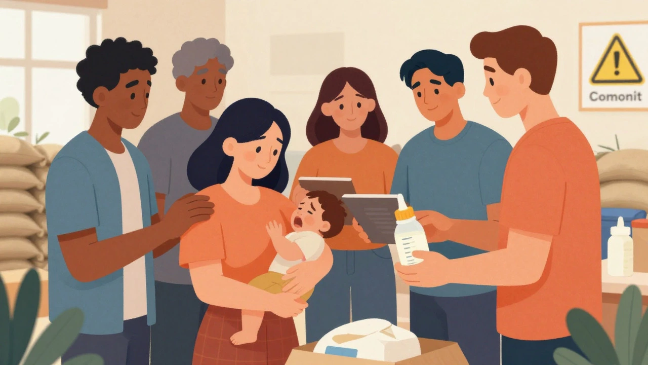 Parents supporting each other and feeding babies in a community shelter during crisis