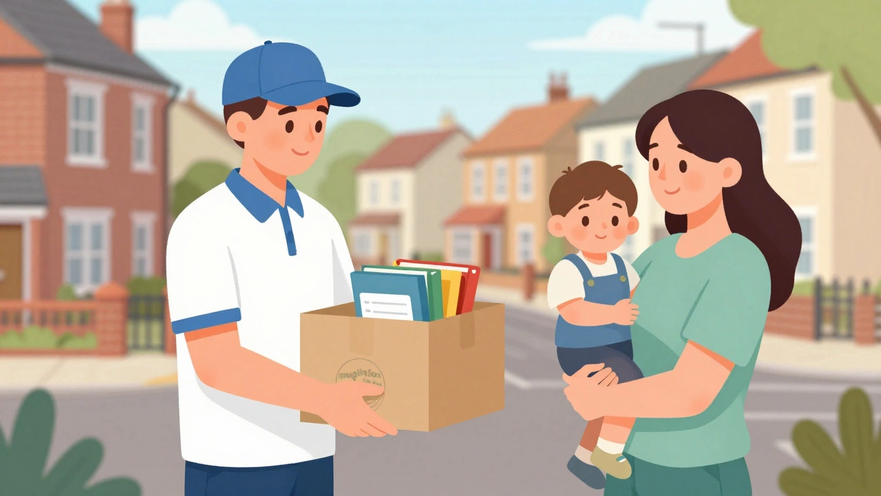 Postal worker delivering a box of books to a family