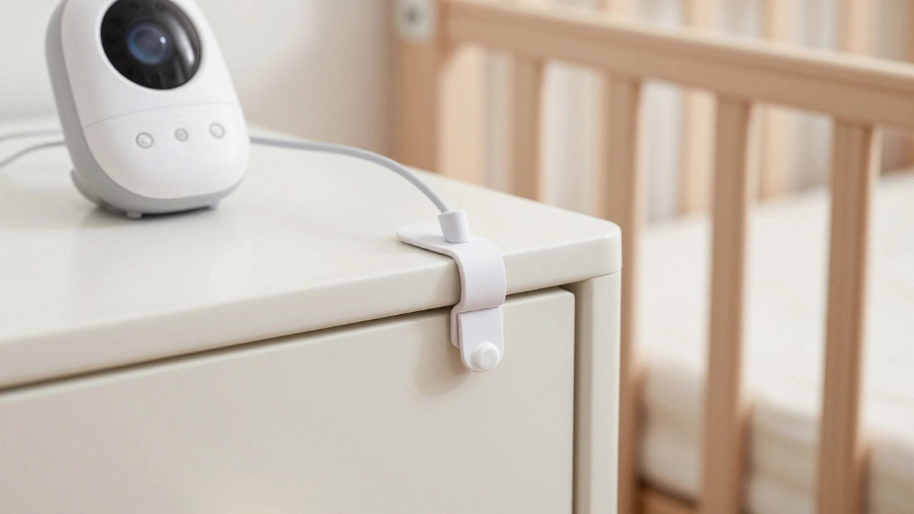 Securely clipped power cord on baby monitor base