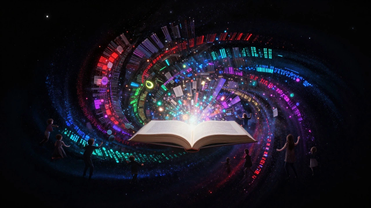 Abstract art of an open book releasing colorful glowing particles into a dark starry space