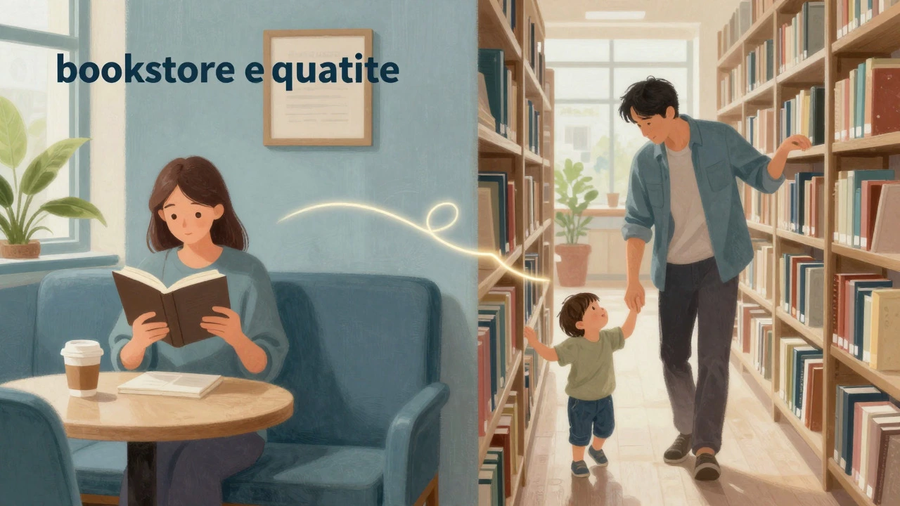 Artistic depiction of balancing calm reading areas with active family zones in a bookstore