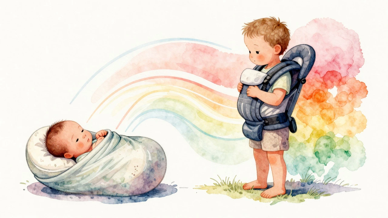 Artistic illustration of a baby growing from a wrapped infant to a standing toddler