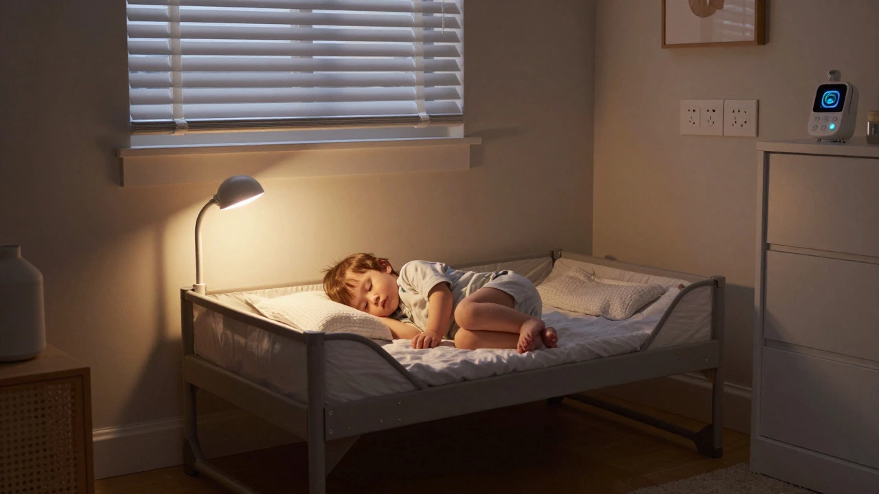 Child sleeping safely in a toddler bed with secured nursery environment