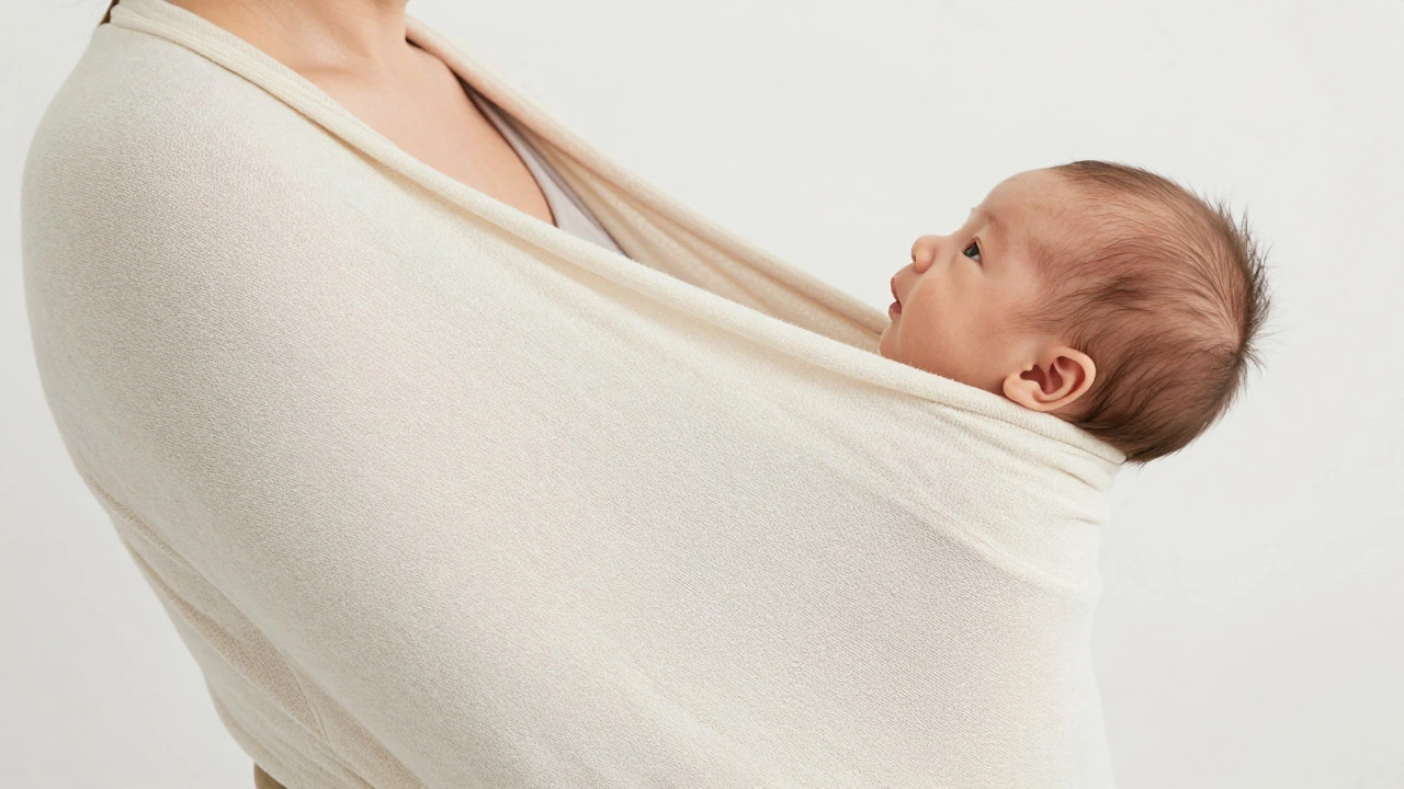 Close-up of a newborn in a wrap carrier showing correct M-position and head support