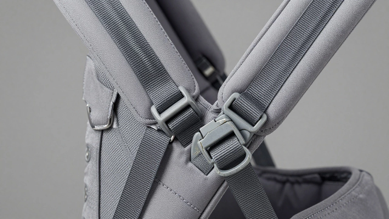 Close-up of baby carrier buckles and straps showing wear and structural details.