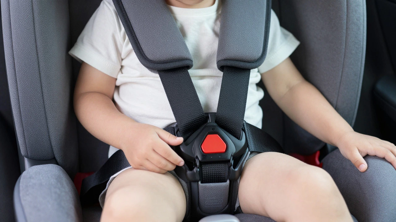 Close-up of correct seatbelt positioning on child
