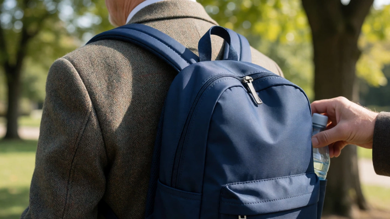 Close-up of padded straps on a navy kids' backpack worn by an elderly man.