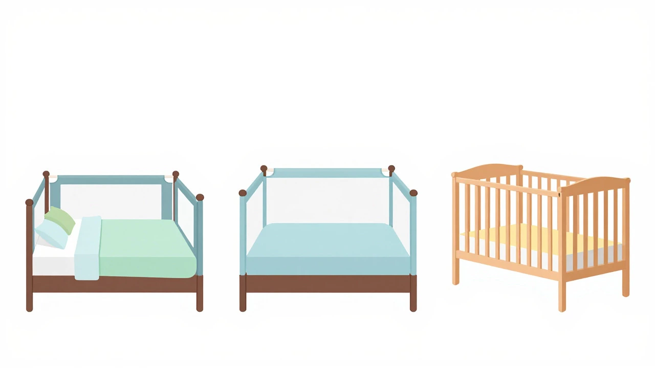 Comparison of toddler bed, floor twin bed, and crib furniture styles