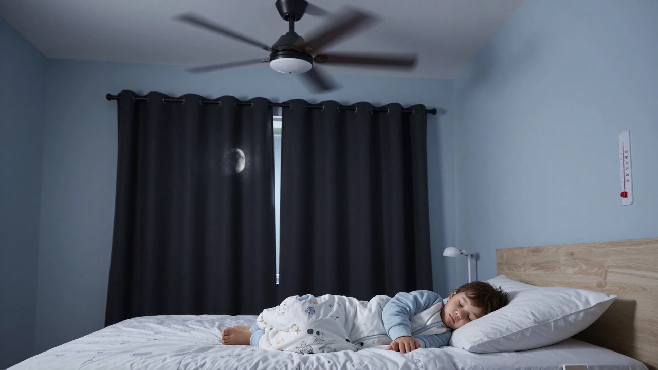 Cool toddler bedroom with fan and blackout curtains