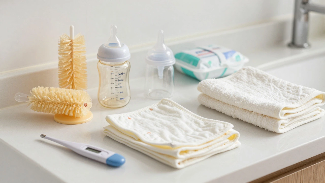 Essential baby feeding and hygiene supplies on counter