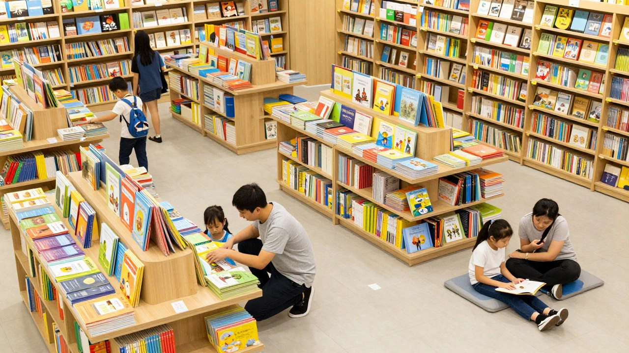 Families browsing and sitting in the bright, open children's section of a large bookstore