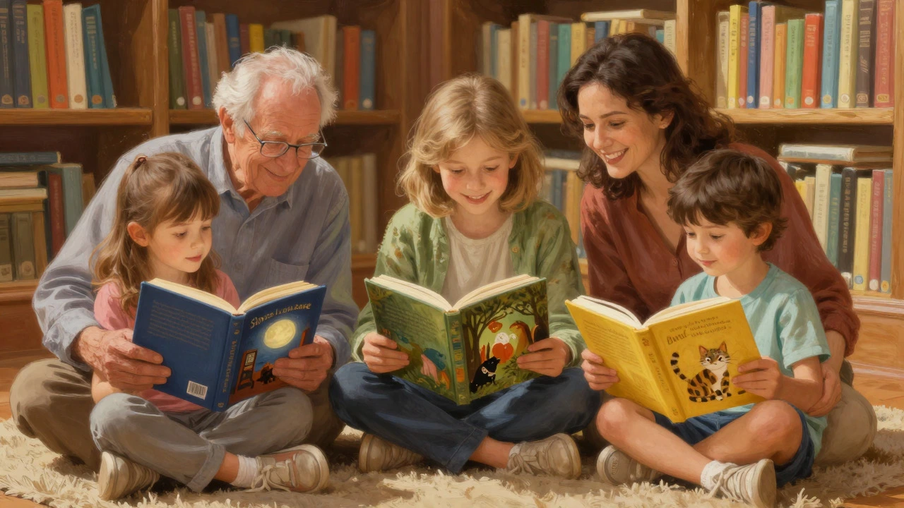 Grandparents and children reading classic picture books together in a warm library