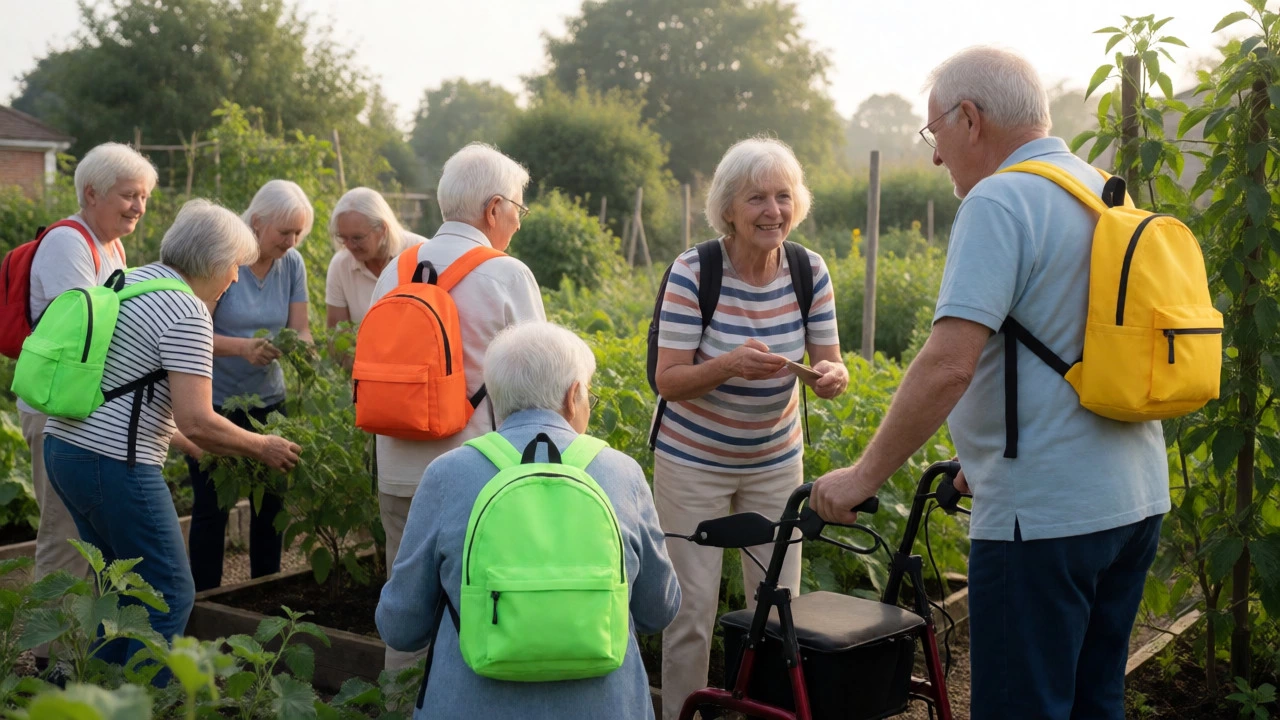 Group of seniors wearing colorful small backpacks at a community garden center.