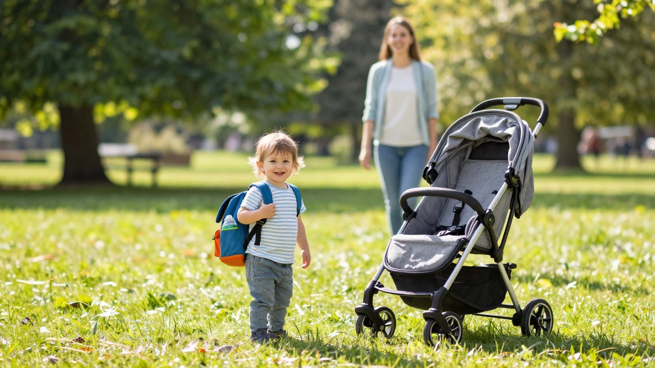 Happy toddler standing with a small backpack near a stroller in a sunny park.