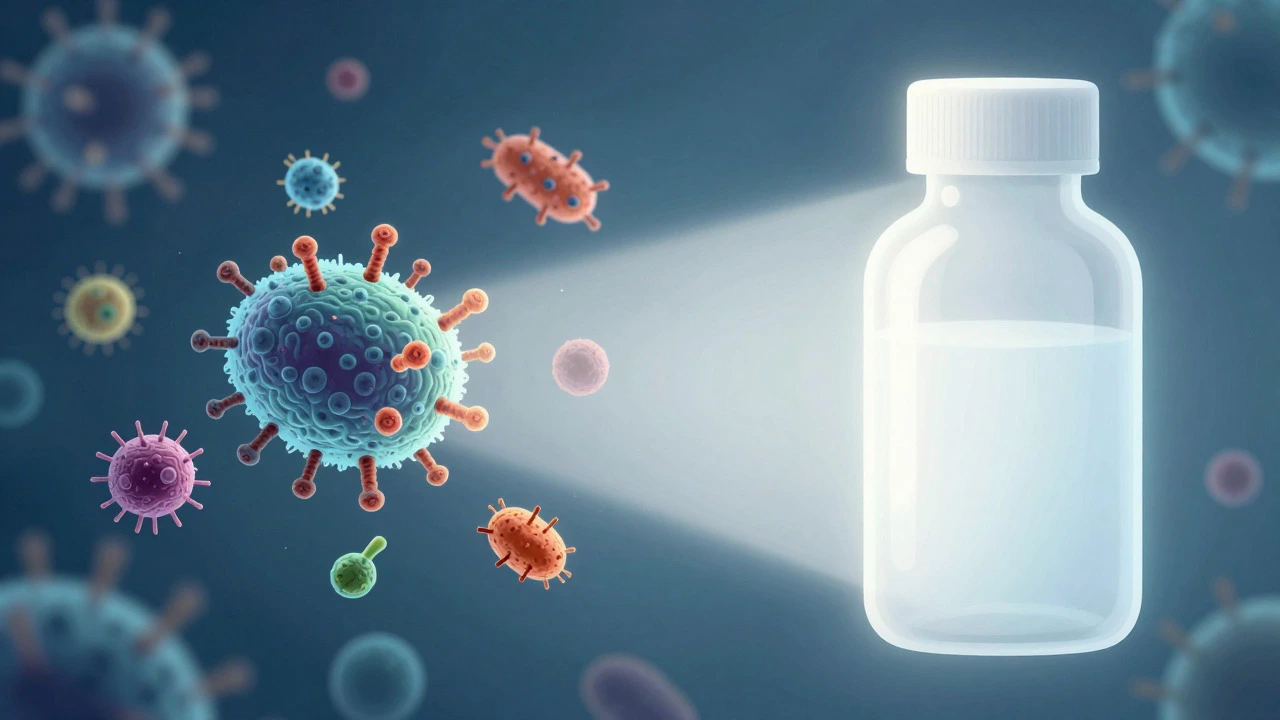 Illustration comparing bacterial contamination and sterile cleaning on a bottle