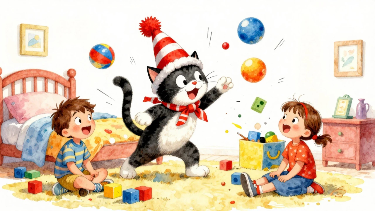 Illustration of a cat in a striped hat causing playful chaos with two laughing children