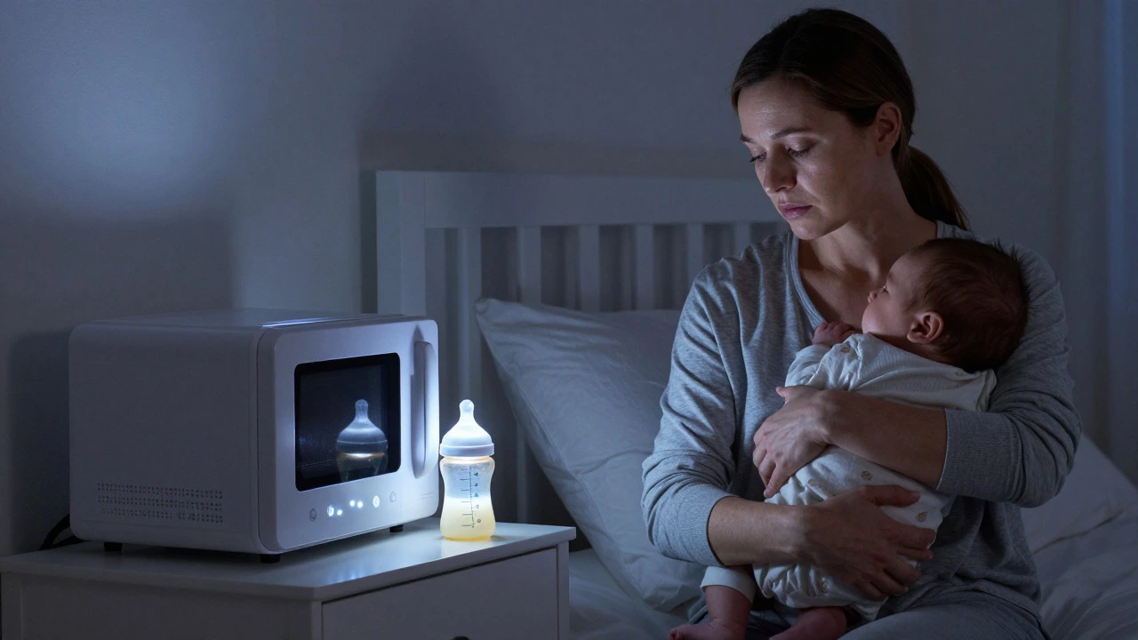 Mother holding newborn near a portable sterilizer in a dimly lit nursery