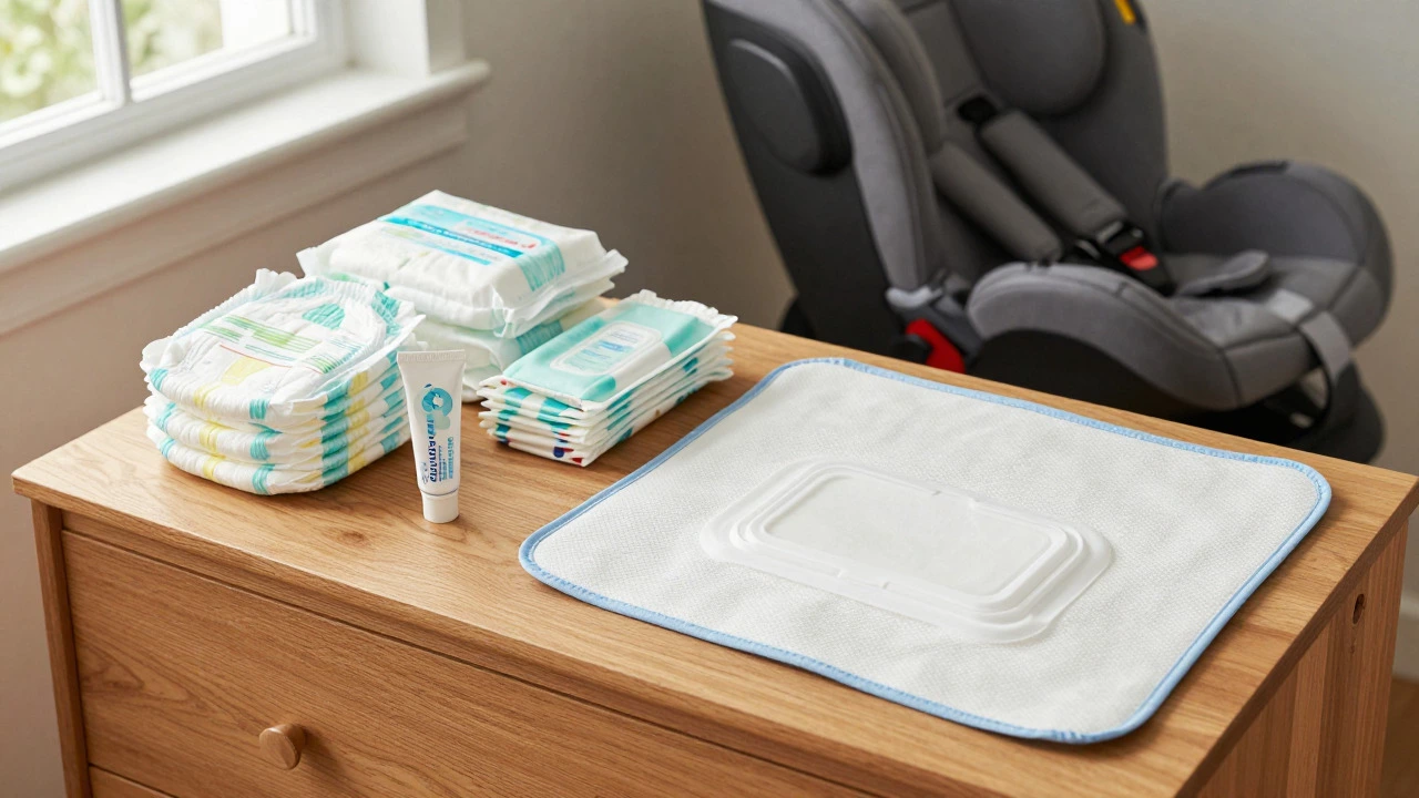 Organized diapering station and installed infant car seat