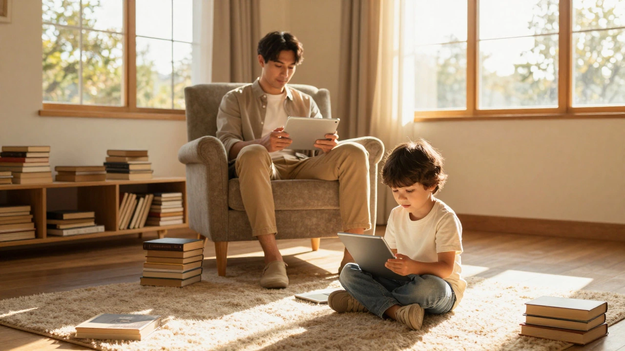 Parent and child reading on digital devices in a sunlit living room with physical books nearby