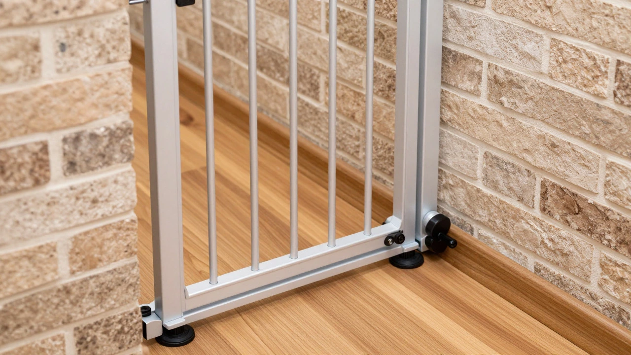 Secure pressure-mounted gate in hallway with brick walls