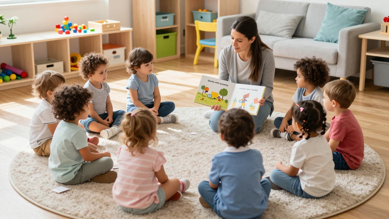 Toddler group engaged in circle time with an educator in a bright room