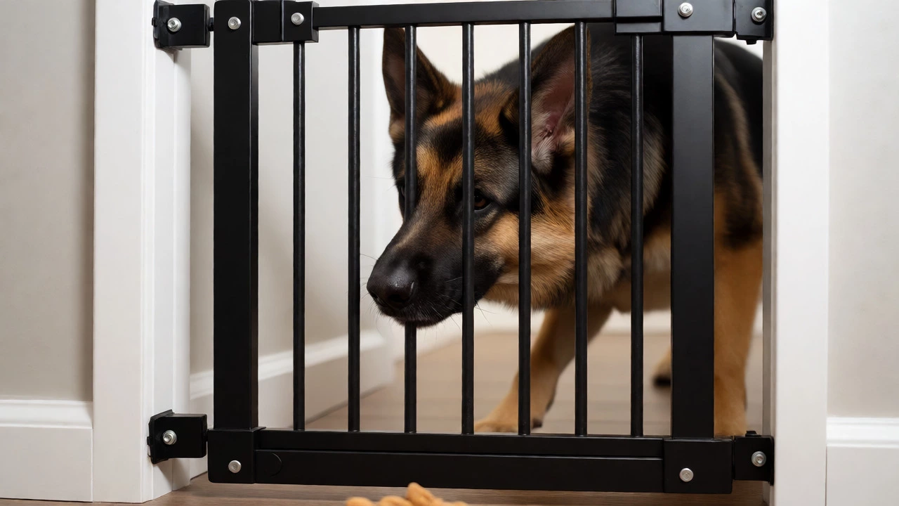 A German Shepherd gently pushes against a sturdy hardware-mounted baby gate during training.