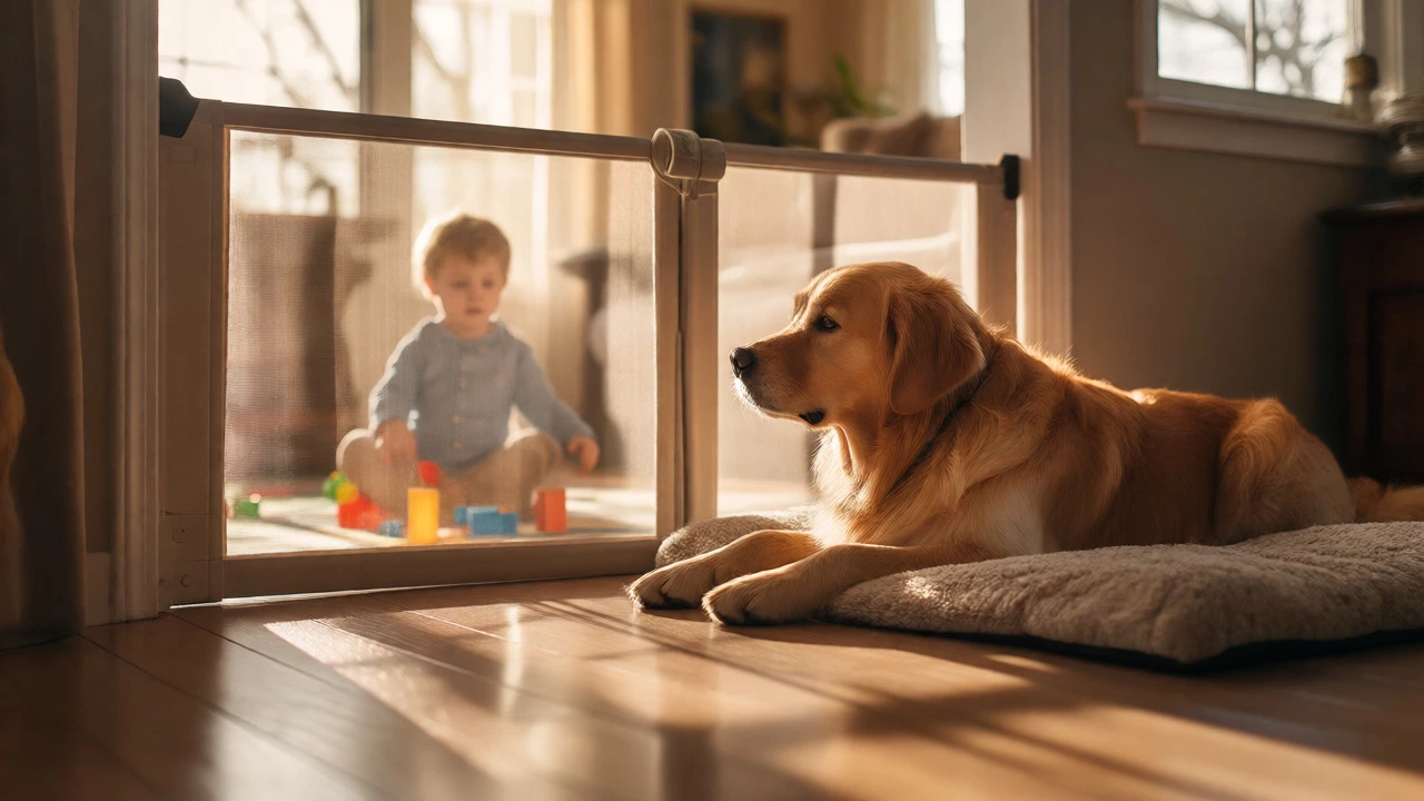 A relaxed Golden Retriever lies on a mat beside a closed gate while a child plays behind it.