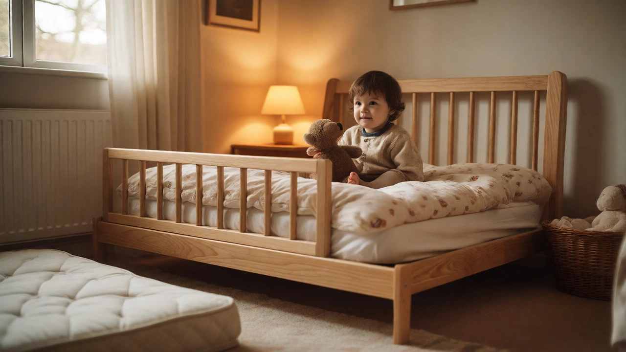Child sitting in a low toddler bed with guardrail