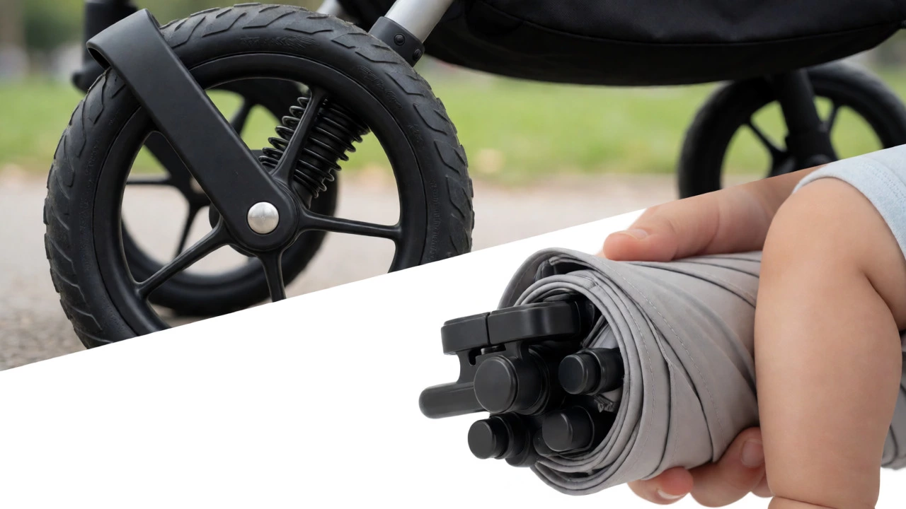 Close-up of jogging stroller tires and compact fold mechanism