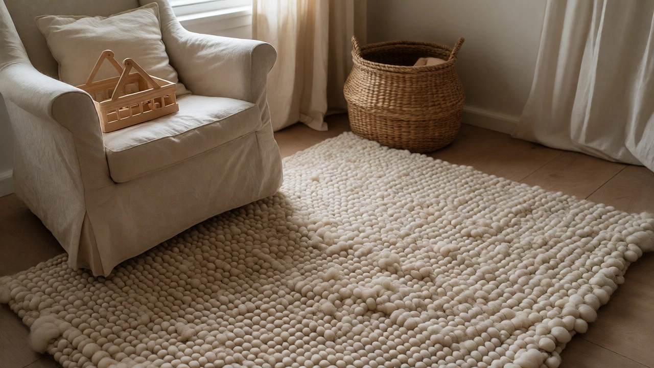 Close-up of textured nursery elements including wool rug and linen chair