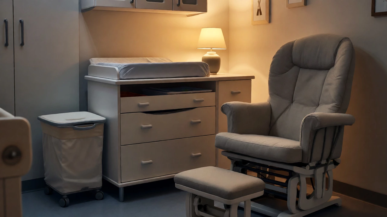 Compact nursery care zone featuring a changing dresser, glider chair, and closed storage.