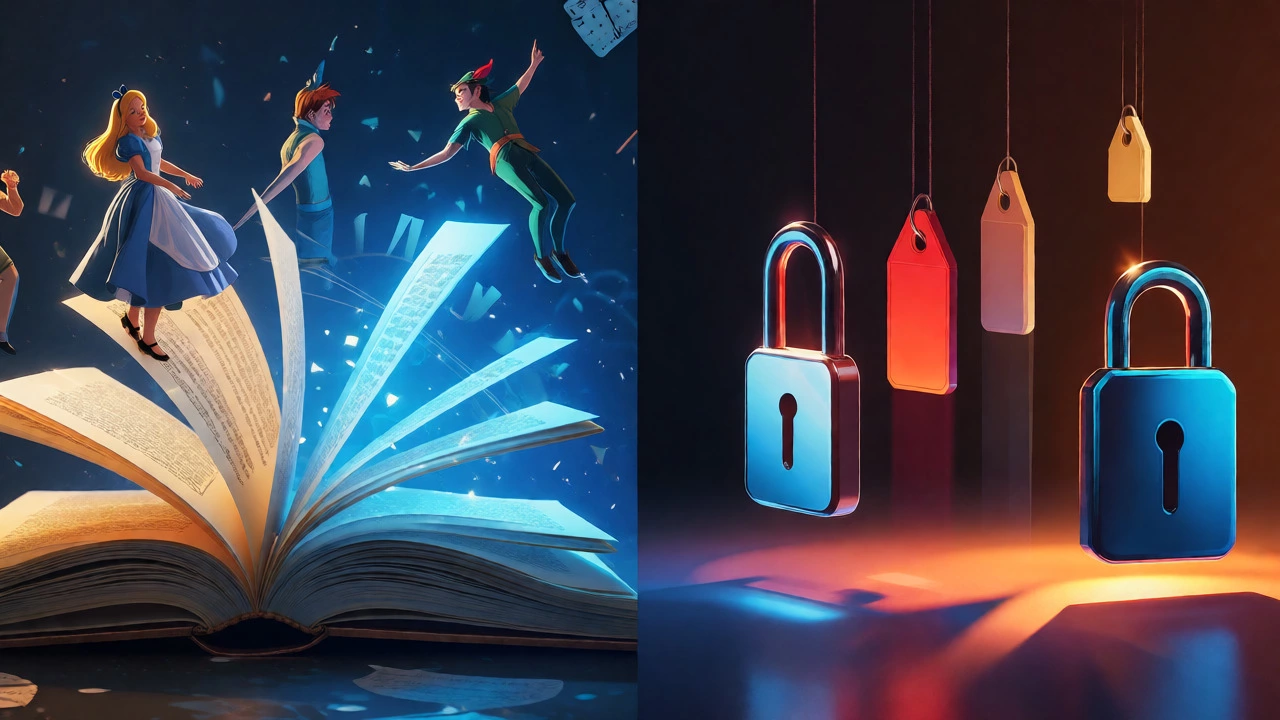 Conceptual split showing public domain classics versus locked copyrighted modern books.