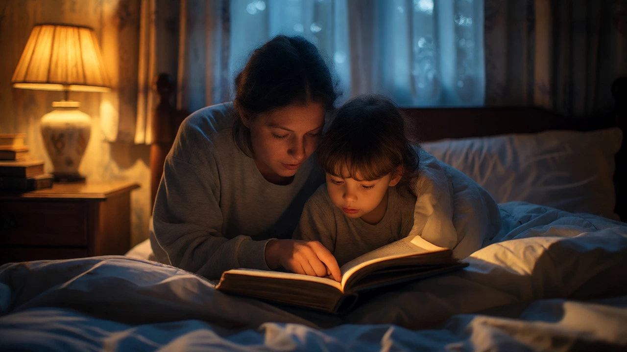 Cozy bedtime scene of a parent reading a hardcover book to a child in bed.