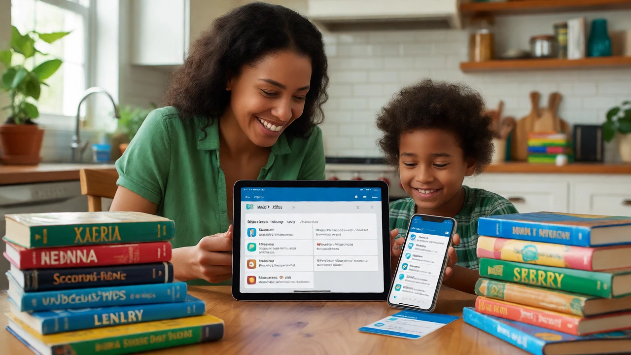 Family happily browsing legal e-books on tablets alongside physical library books.