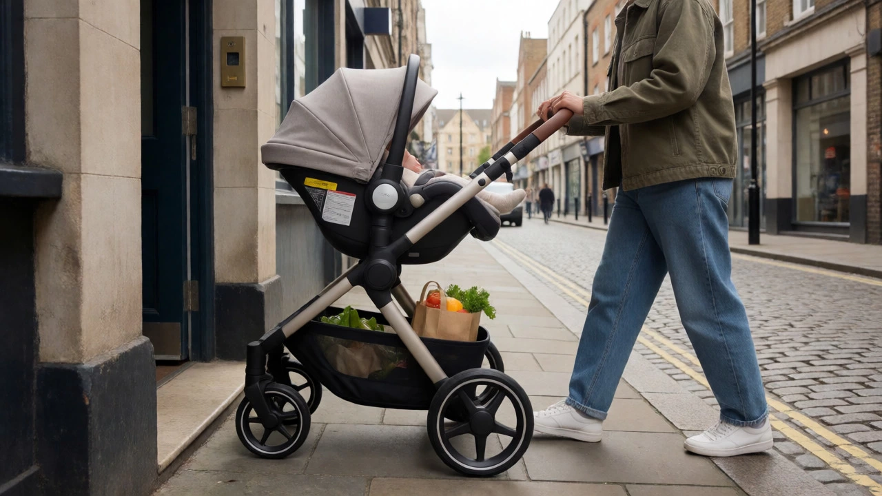 Family using a travel system stroller on cobbled streets