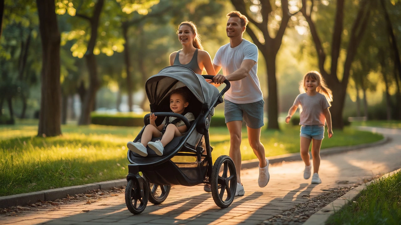 Family using jogging stroller on a park path