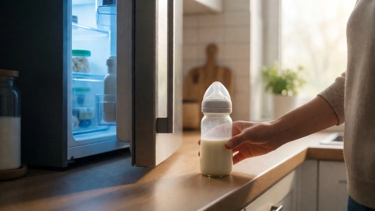 Hand grabbing a baby bottle from a refrigerator in a bright kitchen setting.