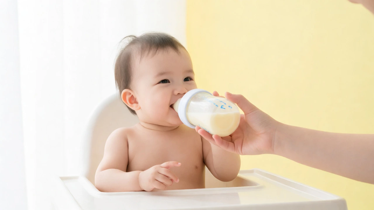 Happy six-month-old baby drinking from a bottle while sitting in a high chair.