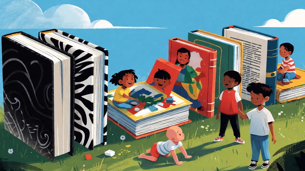 Illustration of children at various ages interacting with age-appropriate book formats.