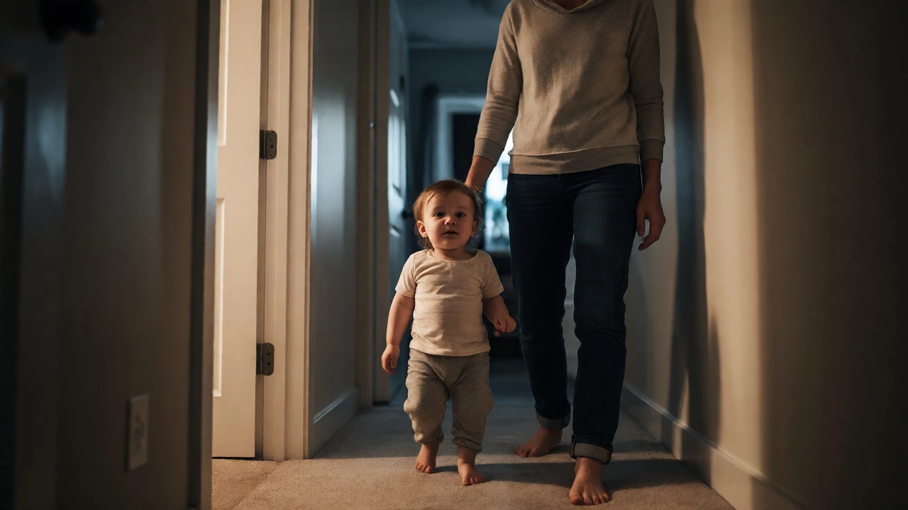 Parent calmly walking toddler back to bed