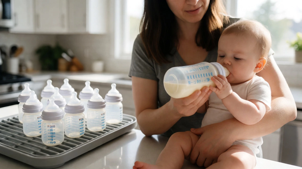Parent holding an 8 oz bottle while smaller bottles sit in the background