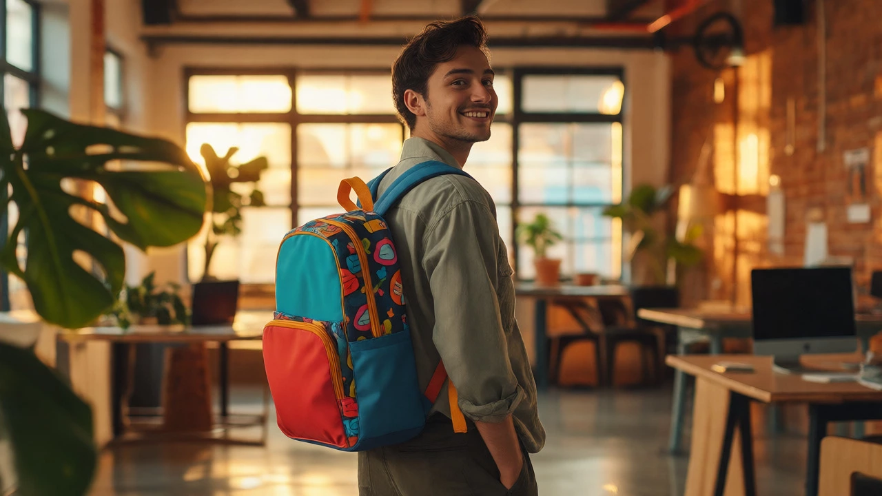 Relaxed young professional wearing a retro kids' backpack in a sunlit, modern creative office.
