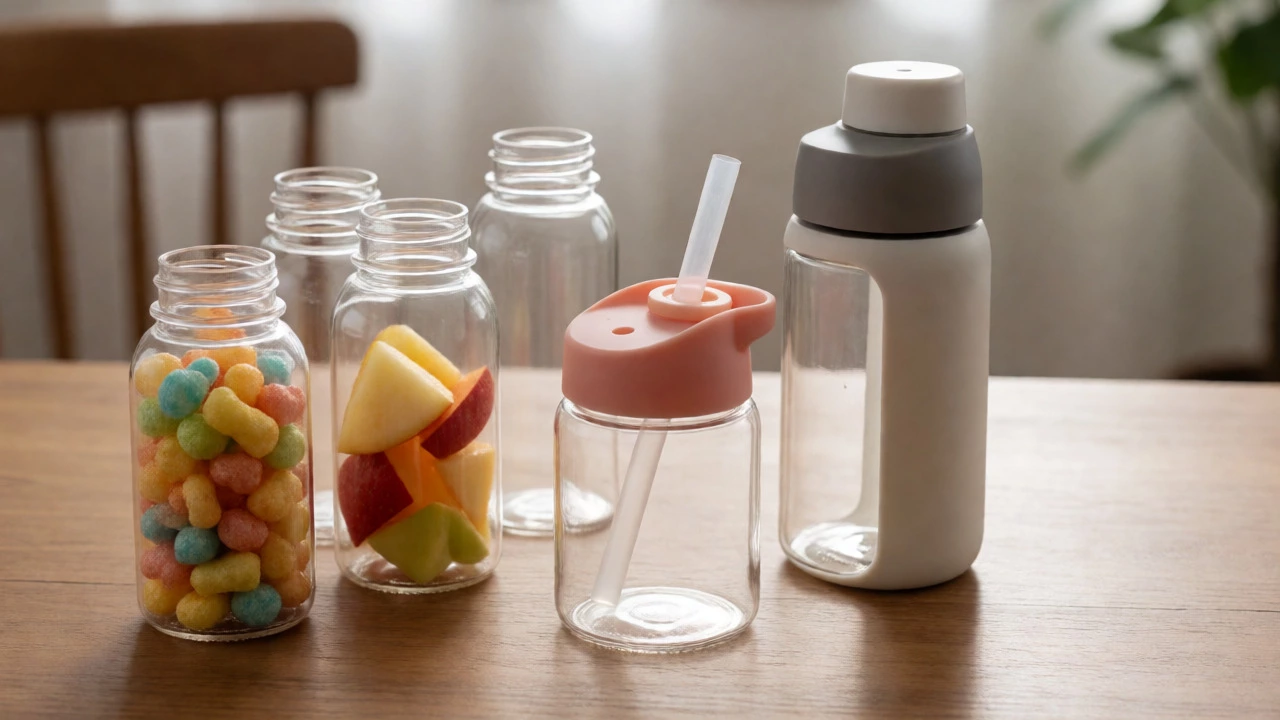Repurposed 4 oz baby bottles used as snack containers next to a larger bottle