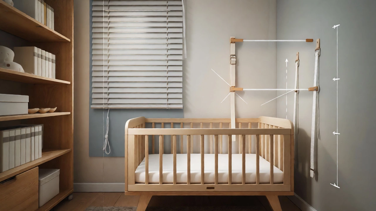 Safe nursery setup showing anchored bookcases and a bumper-free crib with secured cords.